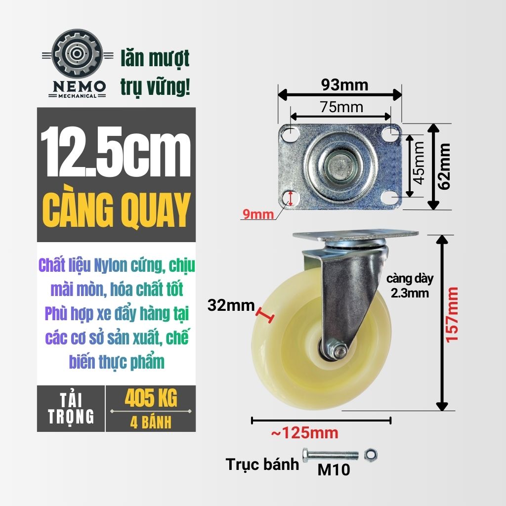 Bánh Xe Nylon Trắng Chịu Tải – Chuyên Dụng Kho Lạnh, Phòng Sạch (D75, D100, D125)